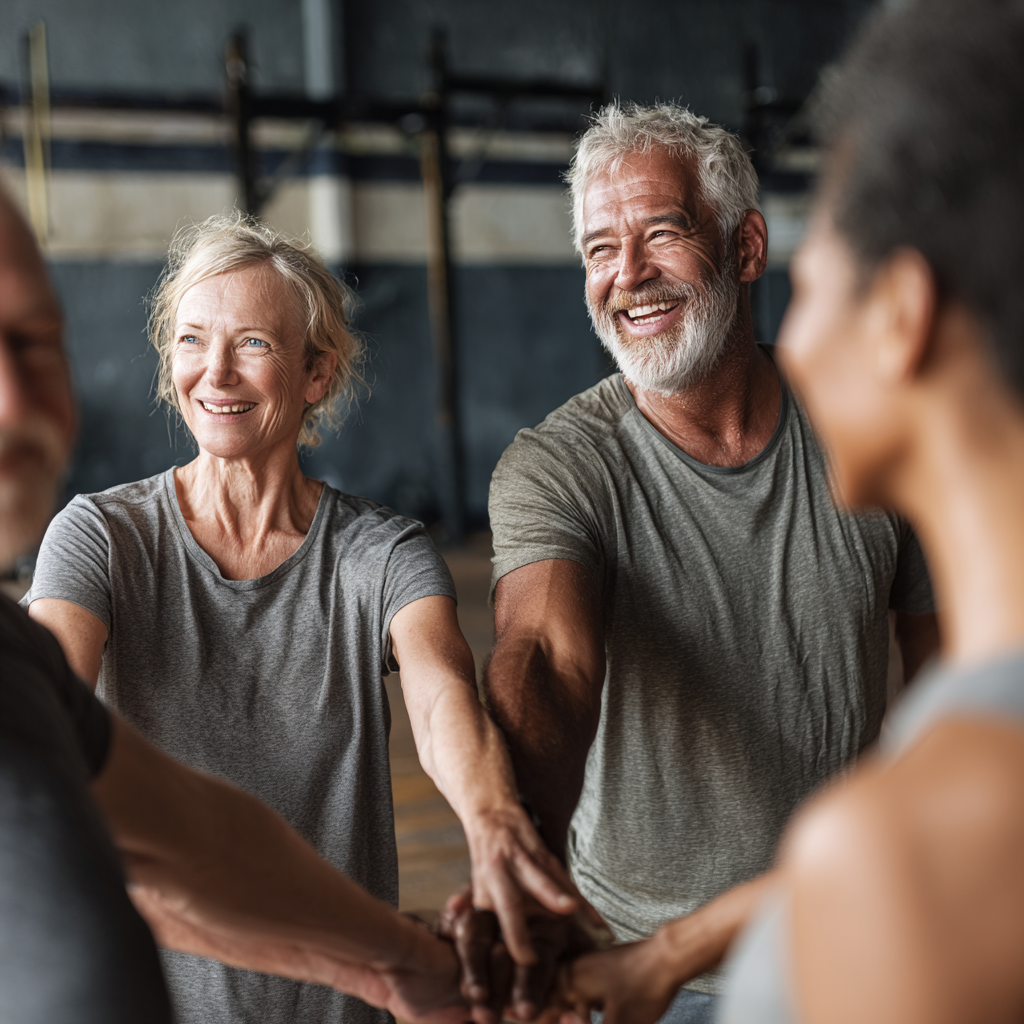 51 years old adults engaged in supportive fitness community activities showing teamwork and encouragement