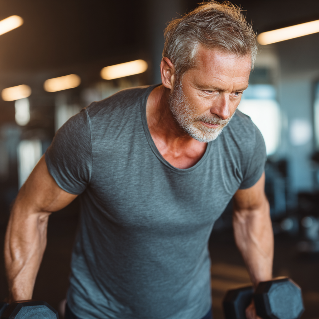Confident 50 years old person completing strength training workout in modern fitness environment