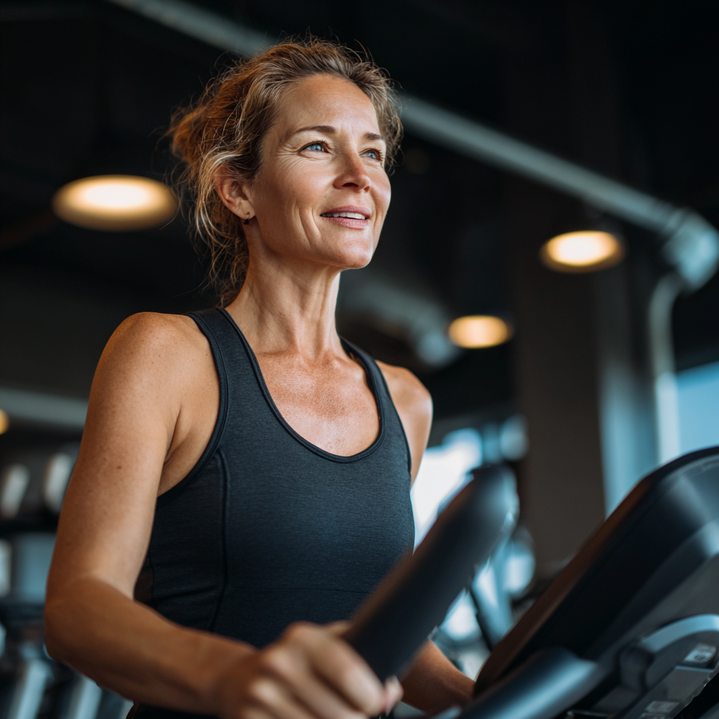 Confident 52 years old woman completing cardio training workout in modern fitness environment